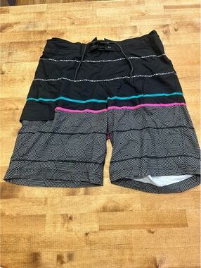 George Men's Medium Black and Patterned Swim Trunks